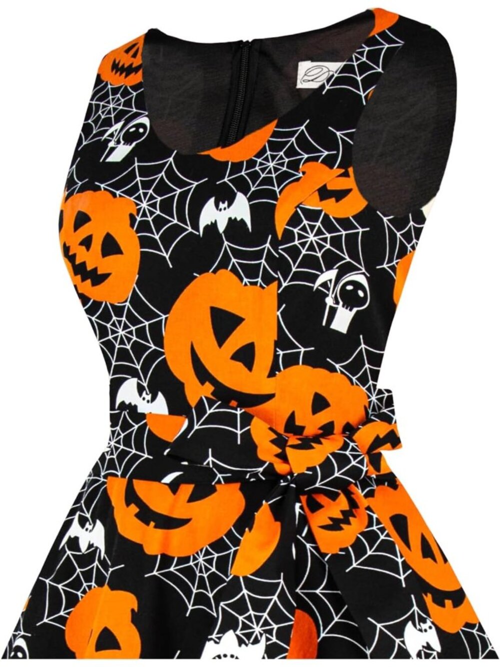 Women's Pumpkin V Neck Sleeveless Vintage Zipper Cocktail Halloween Dress - Picture 4 of 5